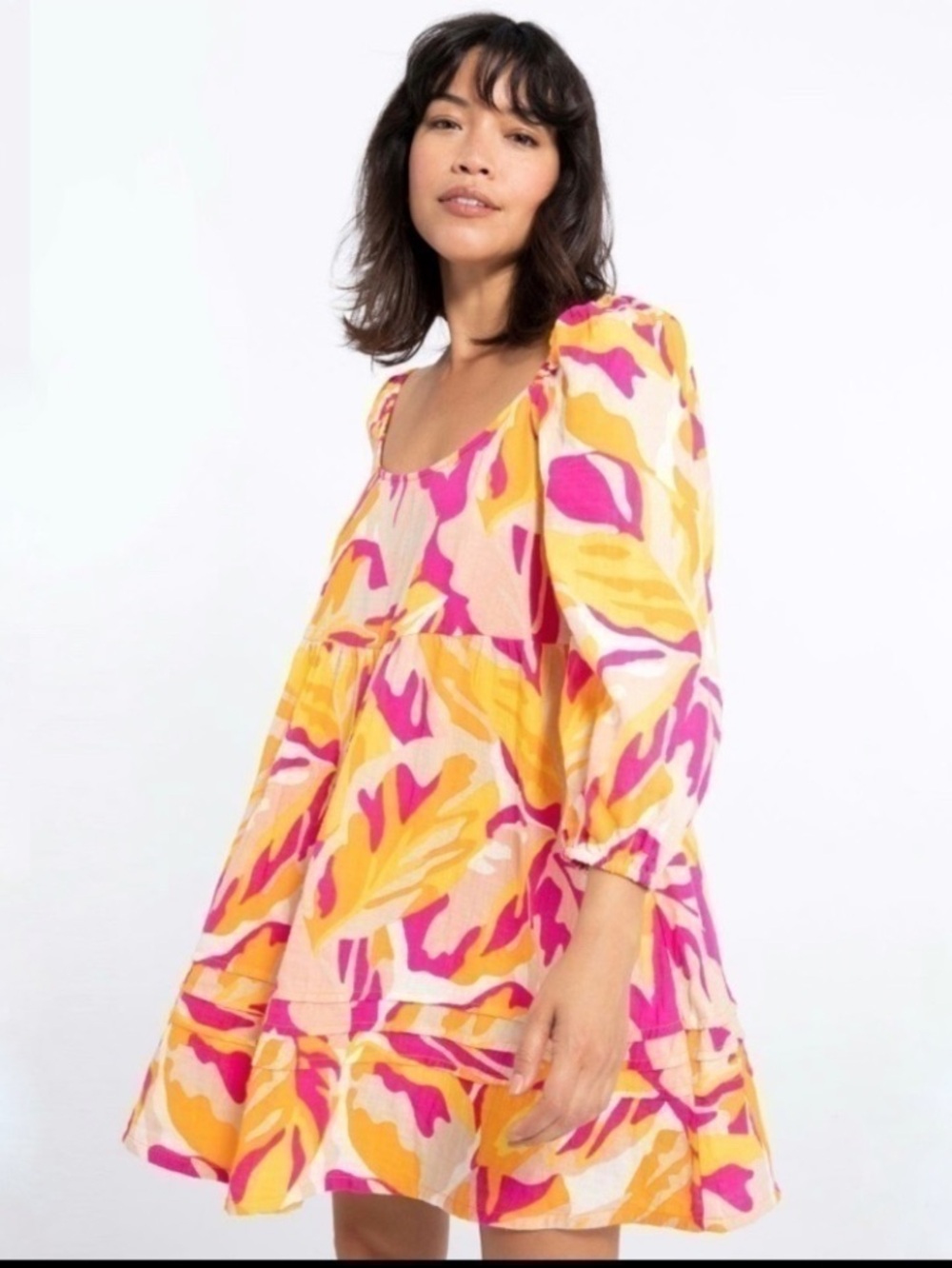 Sanctuary Cotton Babydoll Mini Dress Pink Orange Print Make a Splash XS